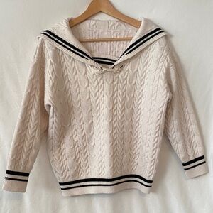 Cream Chunky Cable Knit Sweater with Sailor Collar and Black Striped Trim